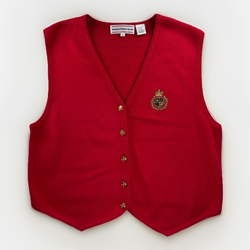 Womens Medium Westbound Sweater Vest Red Wool Blend Crest Preppy Academic V-Neck